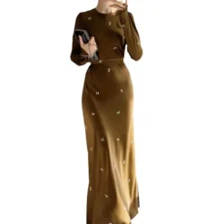 Women Round Neck Floral Long Sleeve Belt Bodycon Dress -Women Fashion Shop 18520f964751e6aa