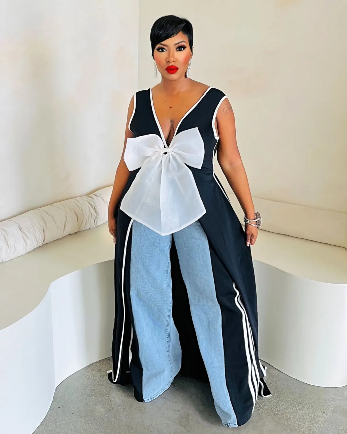 Women Sexy V Neck Big Bow Slit Dress 3 Women Sexy V Neck Big Bow Slit Dress