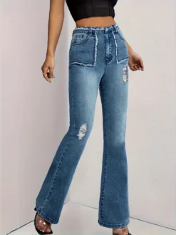 Women American Contrast Color High Waist Patchwork Raw Edge Pockets Style Denim Pants Jeans -Women Fashion Shop 1940ec4149015fdf