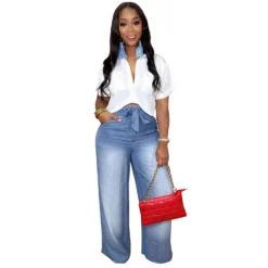 Women Casual Lace Wide Leg Denim Pants With Belt -Women Fashion Shop 19da7859d9893fb6