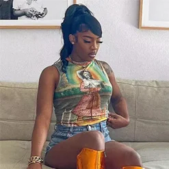 Summer Women's Round Neck Sleeveless Contrasting Color Printing Slim Fit Crop Vest For Women -Women Fashion Shop 1a6e9ff65228203f