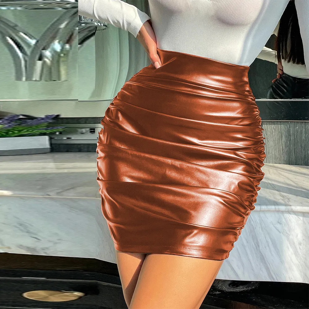 Pu Leather Skirt Female Pleated Skirt Zipper High Waist Bodycon Skirts 4 Pu Leather Skirt Female Pleated Skirt Zipper High Waist Bodycon Skirts - Image 2