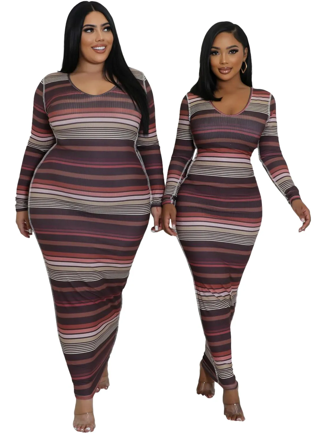 Women Ribbed Printed Stripe Round Neck Long Sleeve Dress 5 Women Ribbed Printed Stripe Round Neck Long Sleeve Dress - Image 3