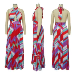 Women Halter Neck Backless Pleated Print Sleeveless Dress -Women Fashion Shop 1bcf9cd32b75bb25