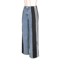 Summer Fashion Patchwork Three Stripes Wide Leg Denim Pants Women's Casual High Waist Stretch Straight Jeans -Women Fashion Shop 1c1928b42bc892e6
