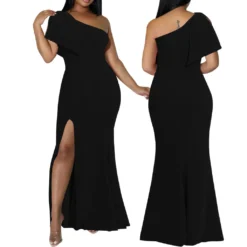 Women Sexy Solid Slash Shoulder Slit Dress -Women Fashion Shop 1cfbd652feee557f