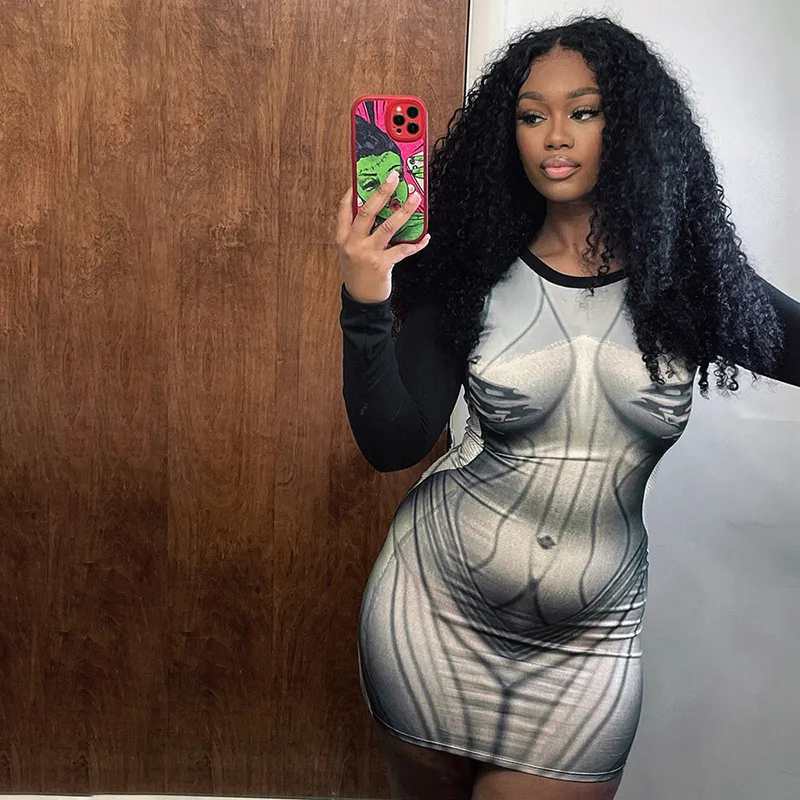 Women's Autumn Fashion Casual Print Long Sleeve Slim Round Neck Short Dress 3 Women's Autumn Fashion Casual Print Long Sleeve Slim Round Neck Short Dress