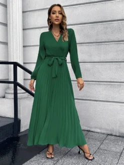 Women Autumn V-Neck Long Sleeve Pleated Maxi Dress -Women Fashion Shop 1d8a2202efb9f5ab