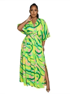 Womens Green Multicolor Vintage Print Double Slit Maxi Dress -Women Fashion Shop 1ed38f05f57df031