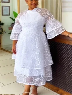 Mesh Lace Bell Bottom Sleeve High Waist Round Neck Women's Dress Evening Gown -Women Fashion Shop 1f1f020edaf7d16d