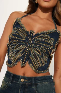 Women Summer Blue Butterfly Beaded Tassel Camisole Embroidered Lace-Up Crop Top -Women Fashion Shop 20e3fdadefe02d62