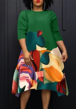 Women Round Neck Casual Contrast Print Dress -Women Fashion Shop 224d4bdee5cfad0b