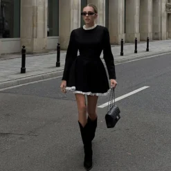 Chic Slim Contrast Color Ruffle Edge Long Sleeve A-Line Black Dress -Women Fashion Shop 22a93d255732d3e3