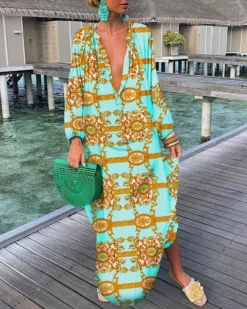 Women Printed V-Neck Long Sleeve Long Dress -Women Fashion Shop 22bea68b1e83740a