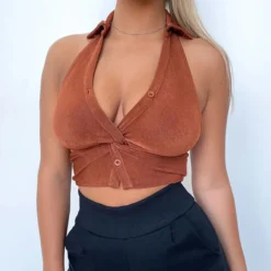 Summer V Neck Vest Top Crop Halter Neck Type Low Back Sexy Slim Tank Top -Women Fashion Shop 236169097d7b63ce