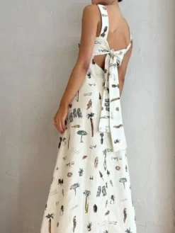 Bow Lace-Up Summer Women's Printed Strap Casual Long Dress -Women Fashion Shop 239f336a44d72127