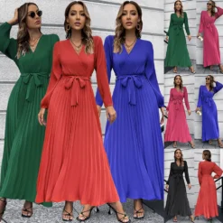 Women Autumn V-Neck Long Sleeve Pleated Maxi Dress -Women Fashion Shop 2464252b1381645d