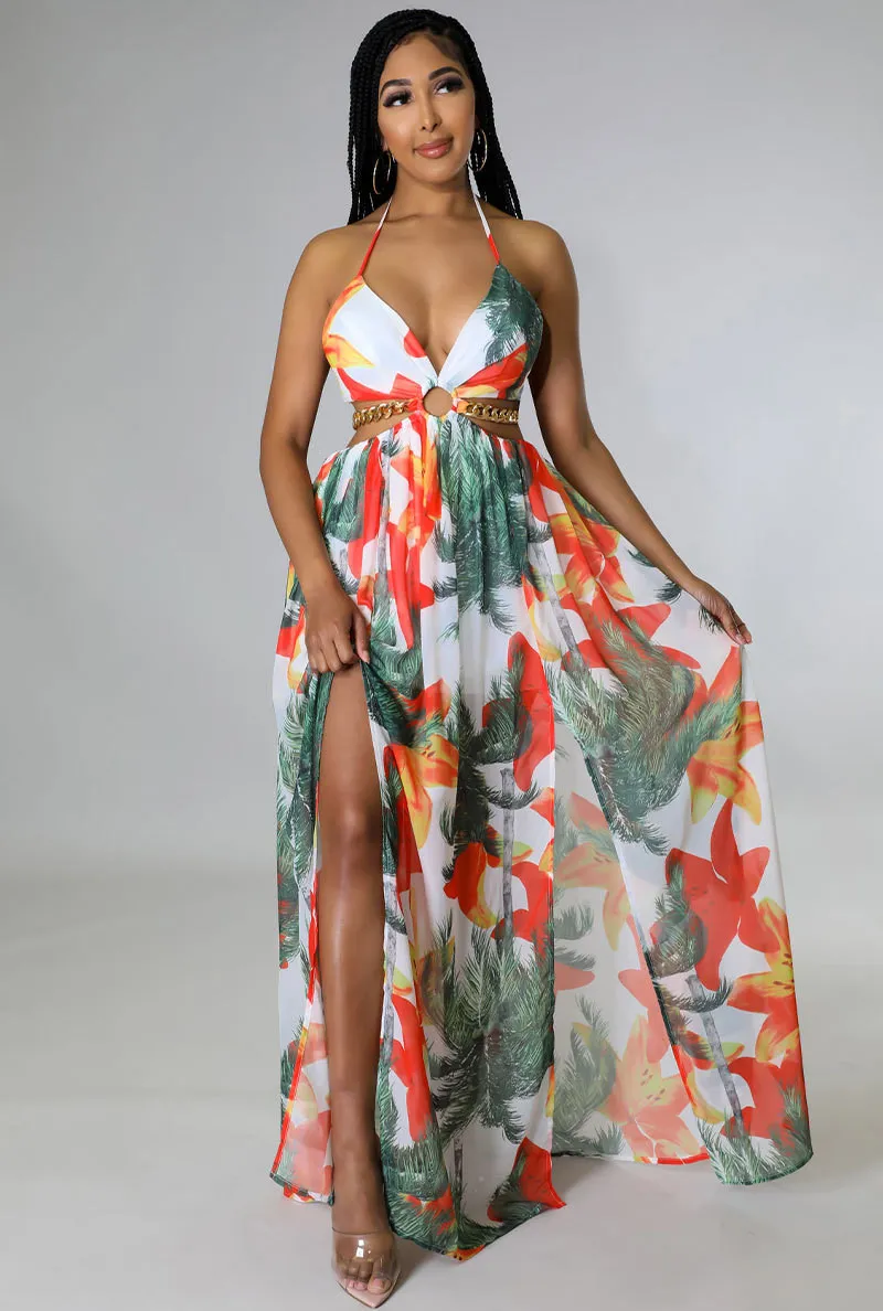 Women's Floral Printed Halter Blackless Slit Maxi Dress 4 Women's Floral Printed Halter Blackless Slit Maxi Dress - Image 2