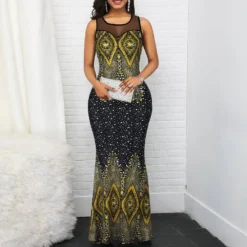 Women's Elegant Fashion Mesh Patchwork Sleeveless Printed Long Dress -Women Fashion Shop 25a85464a7c3c7a5