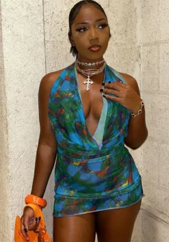 Women Printed Sexy Halter Neck Sleeveless Bodycon Dress -Women Fashion Shop 2633fac38a875b25