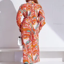 Plus Size Women'S Fall Winter Long Sleeve Printed Pleated Belt Maxi Dress -Women Fashion Shop 26bb8cb0e3fa5e35