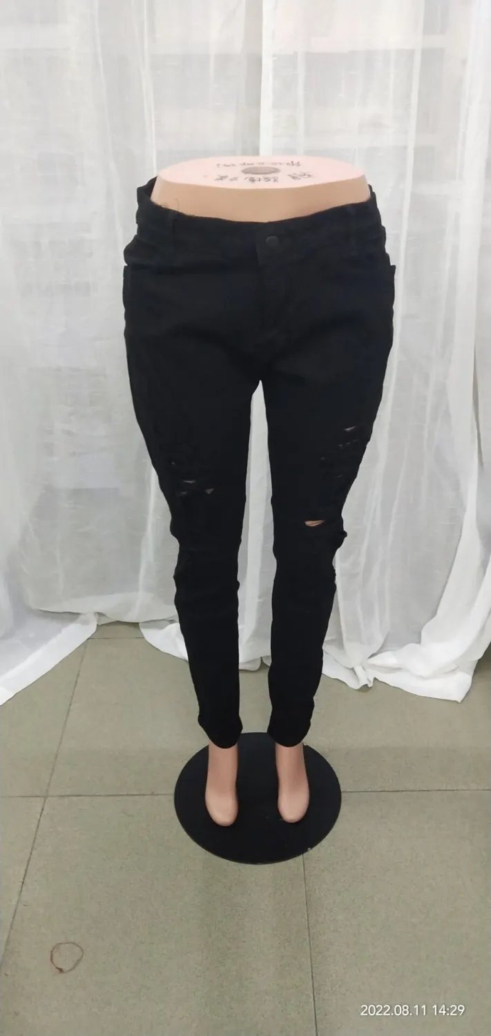 Women Spring Black Straight High Waist Solid Ripped Full Length Skinny Jeans Pants 7 Women Spring Black Straight High Waist Solid Ripped Full Length Skinny Jeans Pants - Image 5