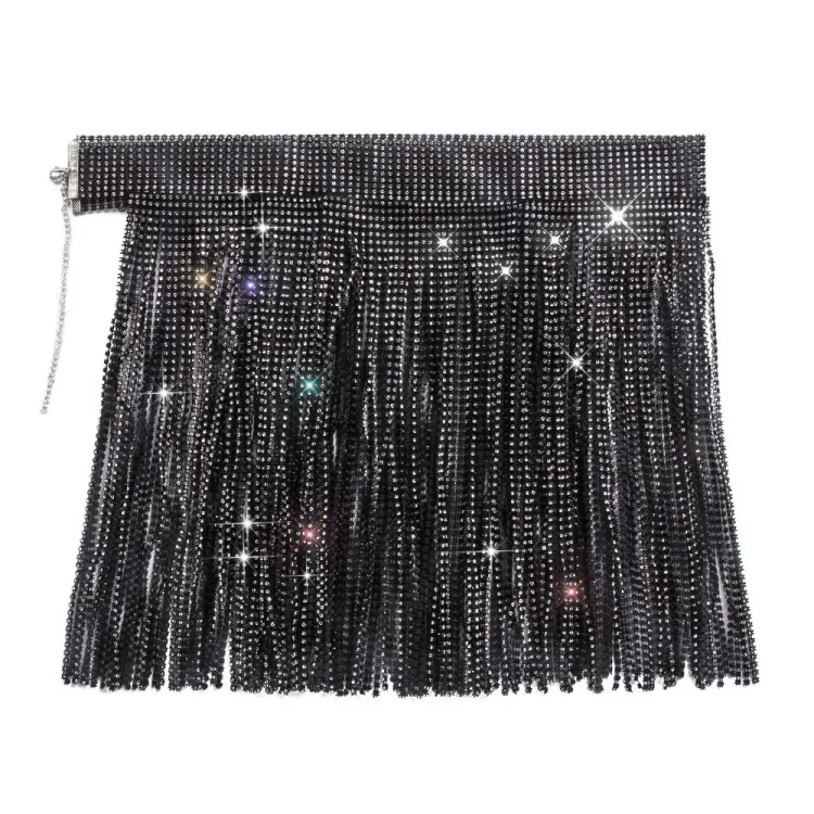 Sexy Black Bling Bling Rhinestone Fringe Tassels Night Club Skirt 8 Sexy Black Bling Bling Rhinestone Fringe Tassels Night Club Skirt - Image 6