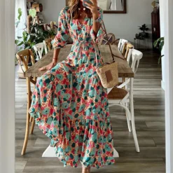 Fall Women V-Neck Long Sleeve Printed Loose Maxi Dress 18 Fall Women V-Neck Long Sleeve Printed Loose Maxi Dress -Women Fashion Shop 27e04e892778d4be