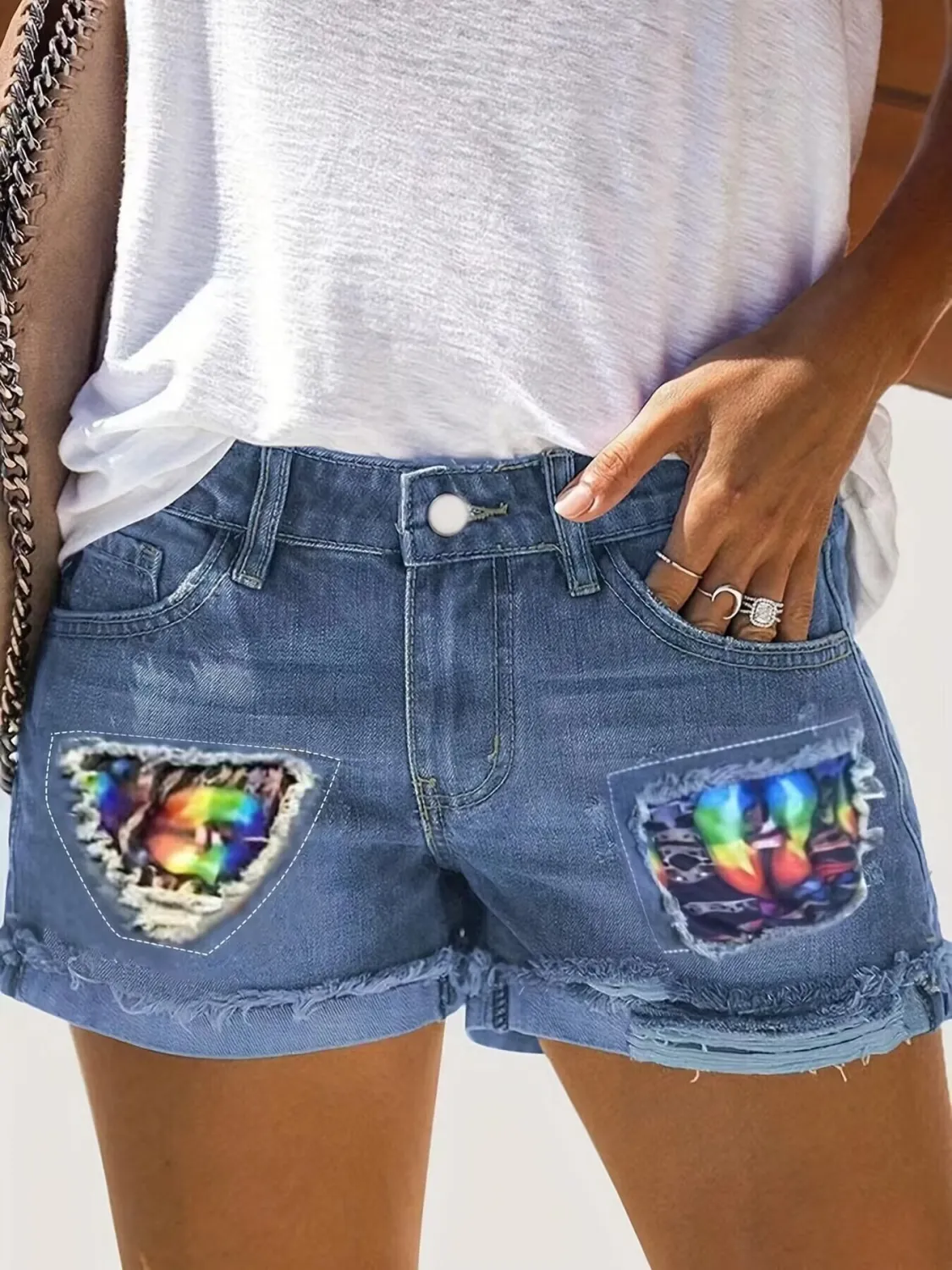 Summer Plus Size Elastic Patch Denim Shorts 7 Summer Plus Size Elastic Patch Denim Shorts - Image 5