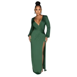 Autumn Long Sleeve V-Neck Solid Color Sexy Slit Long Dress -Women Fashion Shop 29fec38b4ecb8944