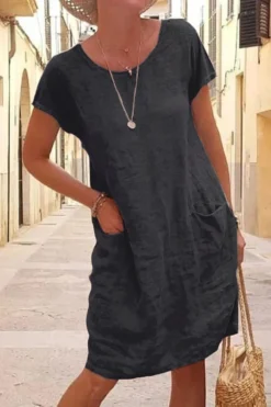Women Summer Loose Pocket Short Sleeve Round Neck Linen Dress -Women Fashion Shop 2a0cd17229112770