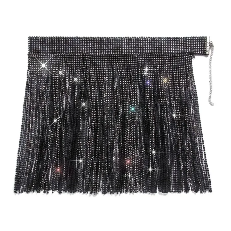 Sexy Black Bling Bling Rhinestone Fringe Tassels Night Club Skirt 9 Sexy Black Bling Bling Rhinestone Fringe Tassels Night Club Skirt - Image 7