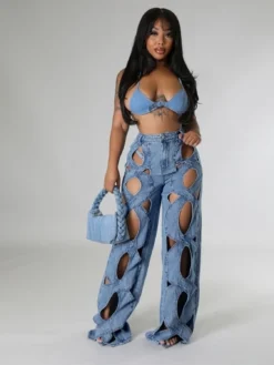 Women's Stretch Denim Pants Twist Hollow Loose Straight Jeans -Women Fashion Shop 2ab8c2639c068818