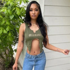 Women's Summer Printed Street U-neck Sleeveless Slit T-shirt Tops For Women -Women Fashion Shop 2ae685a9f4d7c93e