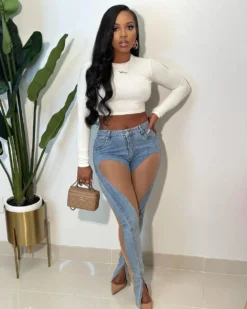 See-Through Mesh Patchwork Slit Stretch Fit Butt Lift Denim Pants -Women Fashion Shop 2b42e9738fcd8475