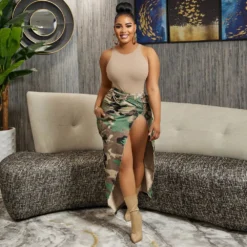 Spring Summer Women's Casual Casual Print Pocket Slit Midi Skirt -Women Fashion Shop 2bafe076dfecc837