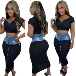 Women'S Casual Fashion Style Patchwork Tassel Denim Slit Skirt -Women Fashion Shop 2c2d104d57504747