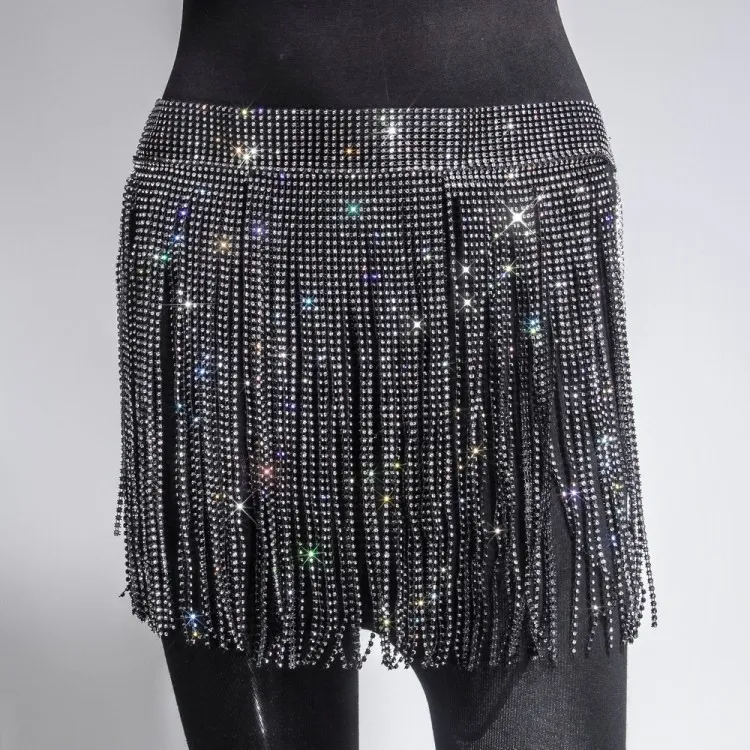 Sexy Black Bling Bling Rhinestone Fringe Tassels Night Club Skirt 4 Sexy Black Bling Bling Rhinestone Fringe Tassels Night Club Skirt - Image 2