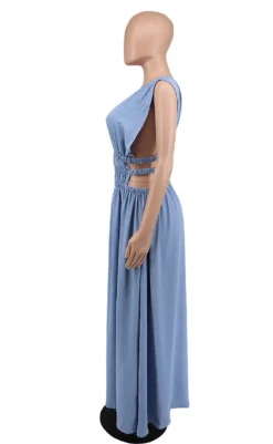 Summer Women Blue Sleeveless Deep-V Cut Out Side Slit Long Maxi Dress -Women Fashion Shop 2db4009b980fd079