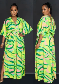 Womens Green Multicolor Vintage Print Double Slit Maxi Dress -Women Fashion Shop 2de0d5f9e327d2ff