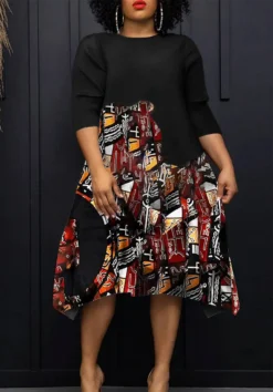 Women Round Neck Casual Contrast Print Dress -Women Fashion Shop 2e0947a8f0ecfa3f