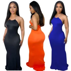 Women'S Fashion Solid Color Sexy Low Back Halter Neck Long Dress -Women Fashion Shop 2e099393d9c9ced9
