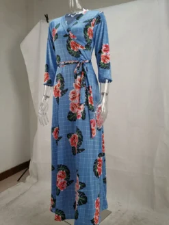 Autumn Three Quarter Sleeve Floral Printed Women's V Neck Maxi Dress -Women Fashion Shop 2e2601958da5171b