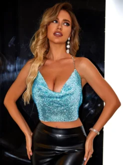 Solid Color Low Back Blue Strap Halter Neck Vest -Women Fashion Shop 2e4634c423682481