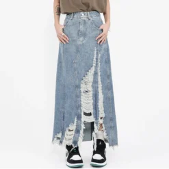 Vintage Denim Skirt Women's Fall Raw Edge Ripped Long Skirt -Women Fashion Shop 2ebafcde641bfb6d
