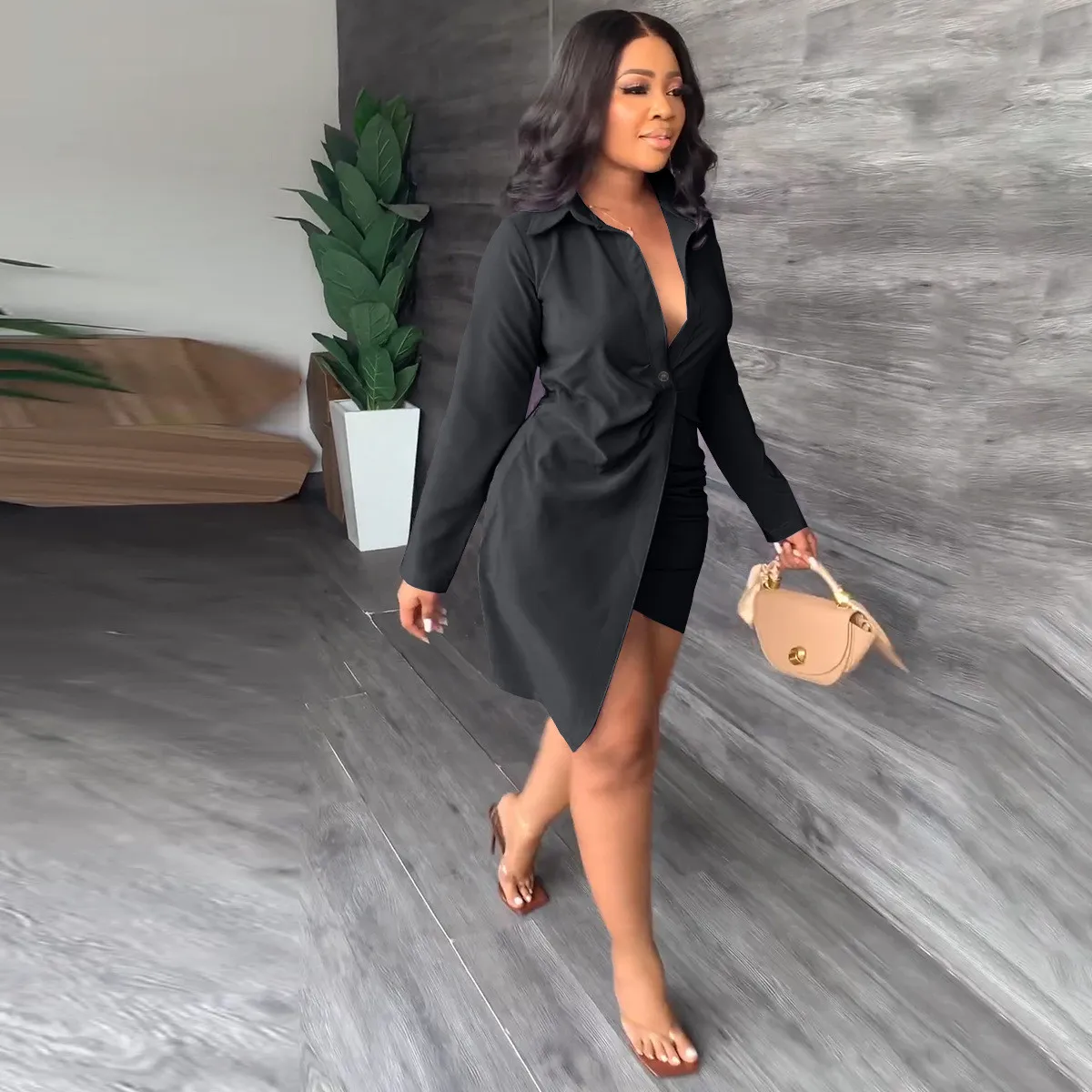 Women'S Spring Summer Irregular Long Sleeve Shirt Dress 4 Women'S Spring Summer Irregular Long Sleeve Shirt Dress - Image 2