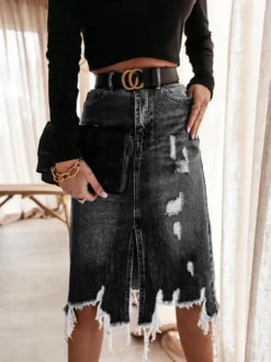 Spring Summer Women's High Waist Front Slit Denim Long Skirt -Women Fashion Shop 2ffda8973ccb93ad