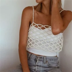 Hollow Out Pearl Sexy Vest Top Nightclub Party Top -Women Fashion Shop 3017b79e8a6e7458