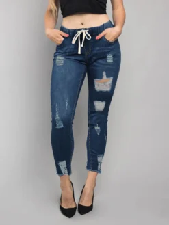 Women's Elastic Waist Ripped Denim Pants Women's Mid Rise Tie Slim Fit Stretch Tight Jeans -Women Fashion Shop 301a32d4b6482b39