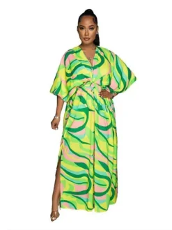 Womens Green Multicolor Vintage Print Double Slit Maxi Dress -Women Fashion Shop 3036096373a9f613